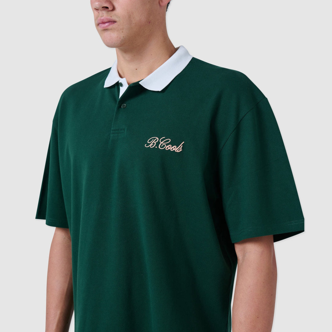 B.Cools Scribe Crop Polo in forest, chest embroidery