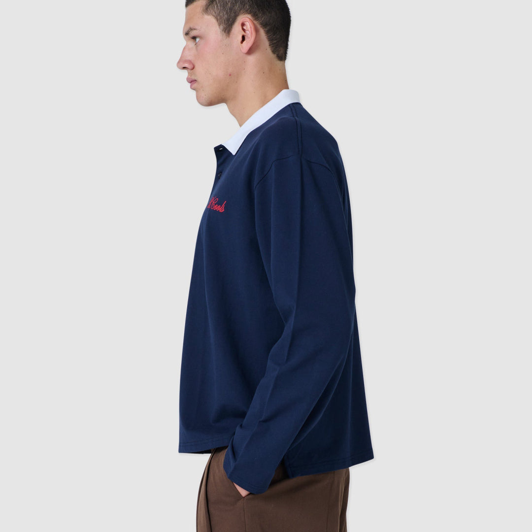 B.Cools Scribe Crop Polo in navy, worn front