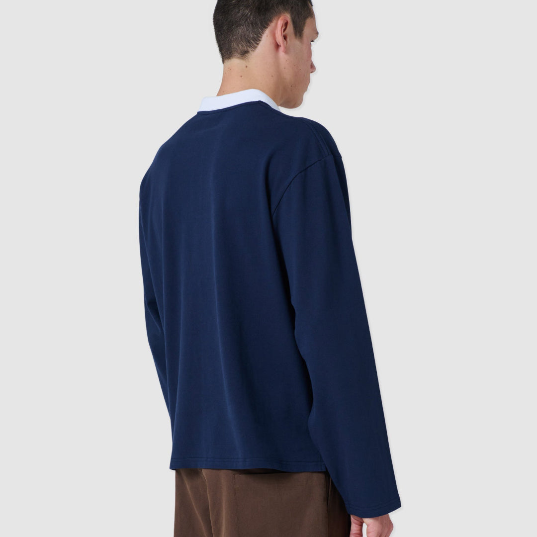 B.Cools Scribe Crop Polo in navy, worn detail