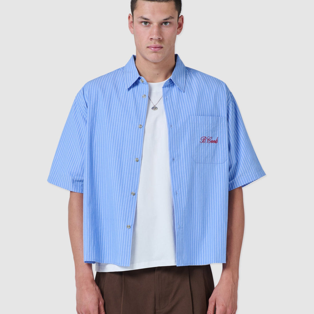 B.Cools Scribe Crop Shirt in blue, worn front