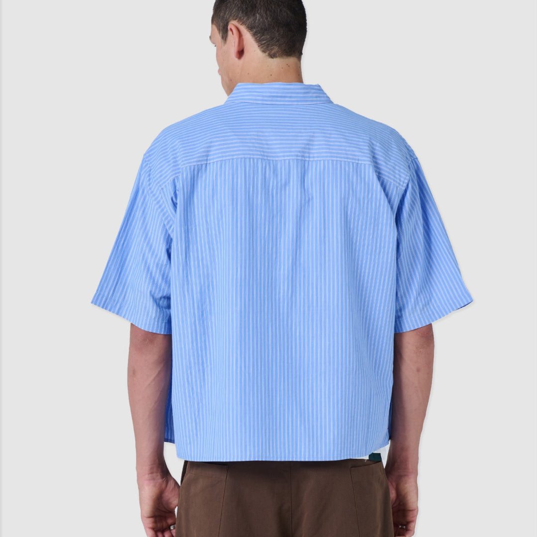 B.Cools Scribe Crop Shirt in blue, pocket embroidery