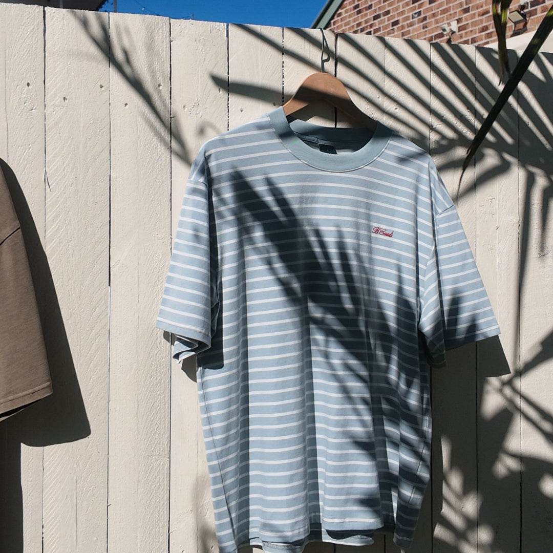 B.Cools Scribe T-shirt in blue stripe, worn front