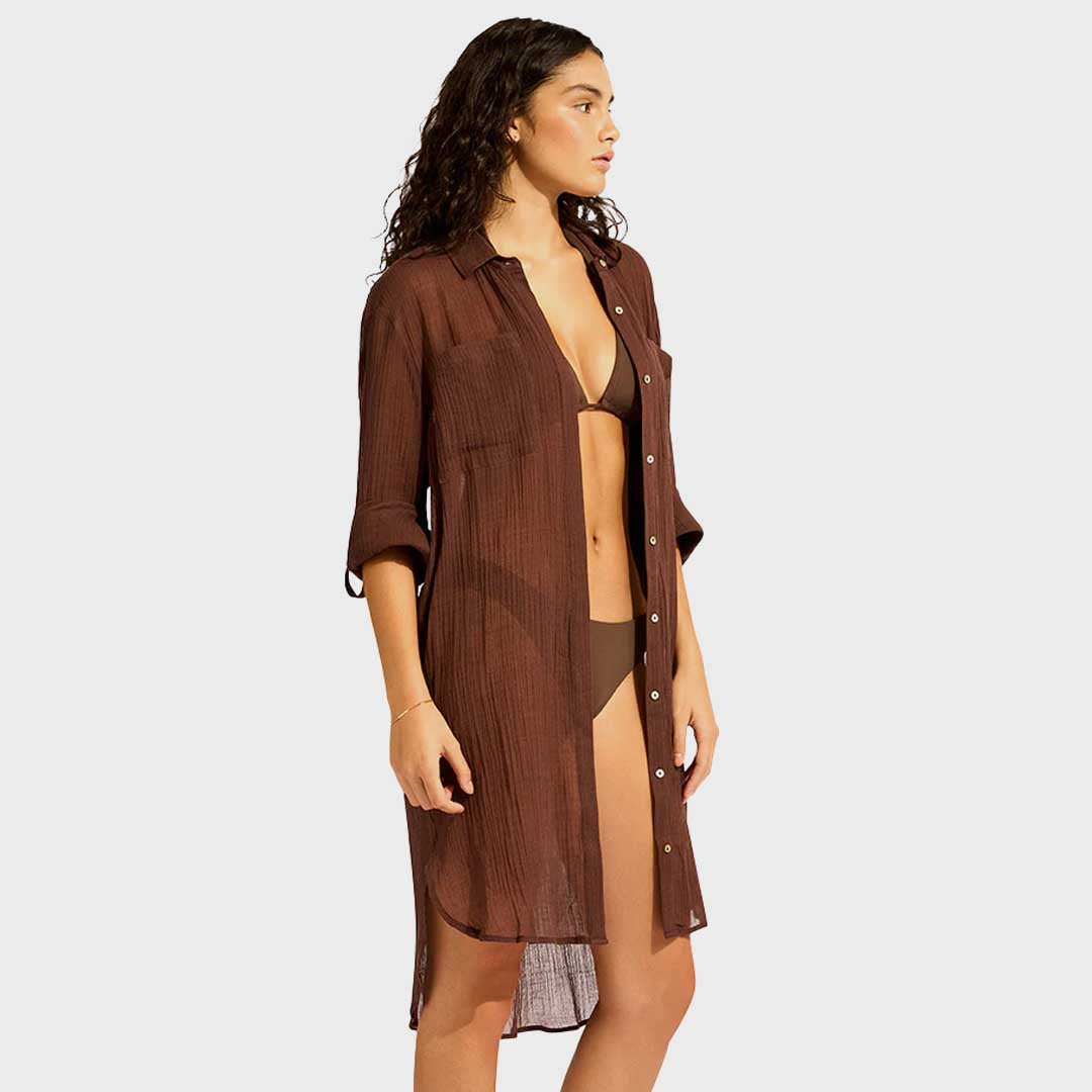 Crinkle Twill Beach Shirt | Dark Chocolate