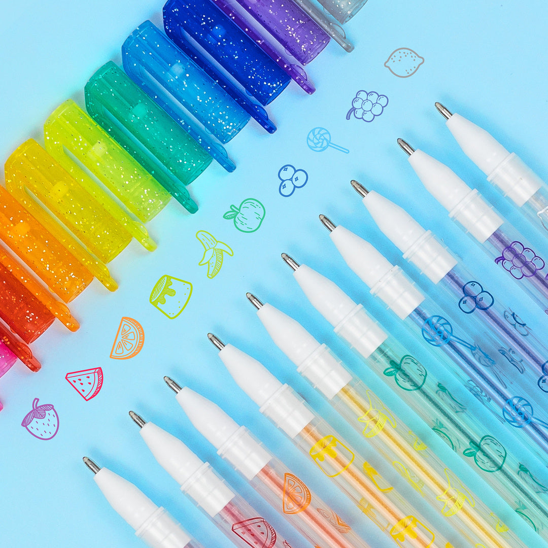 Shimmer Scented Gel Pens arranged with coloured artwork