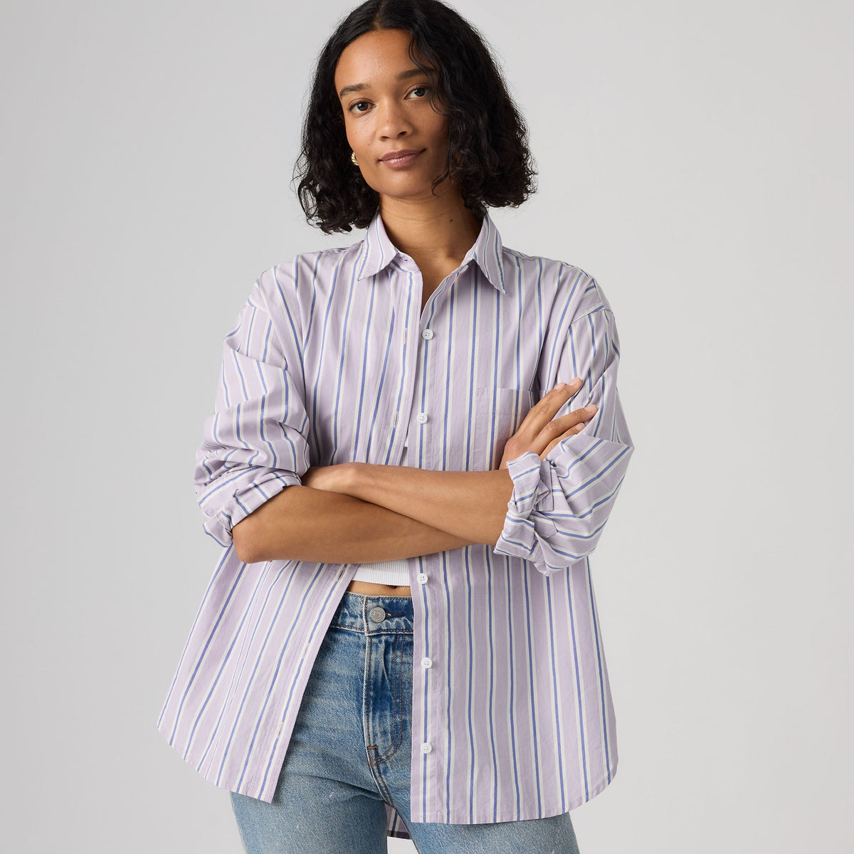 Harlie Boyfriend Shirt | Costanza Stripe Wisteria — alternate styling/fit