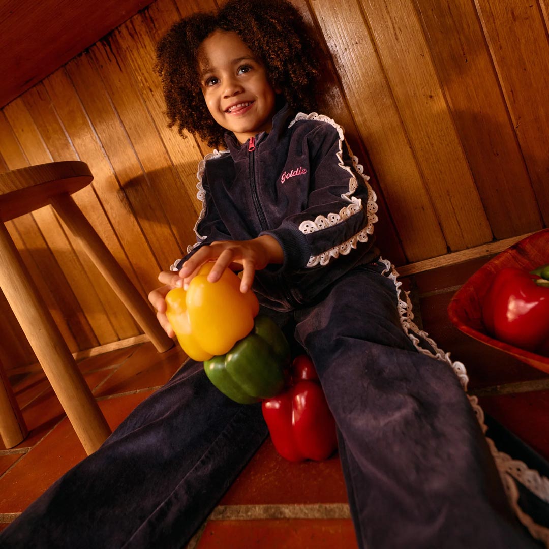 Velour Broderie Wide Leg Pant | Navy